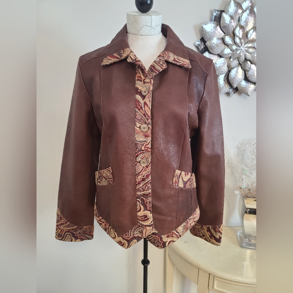 Coldwater Creek Brown Leather Tapestry Trim Jacket